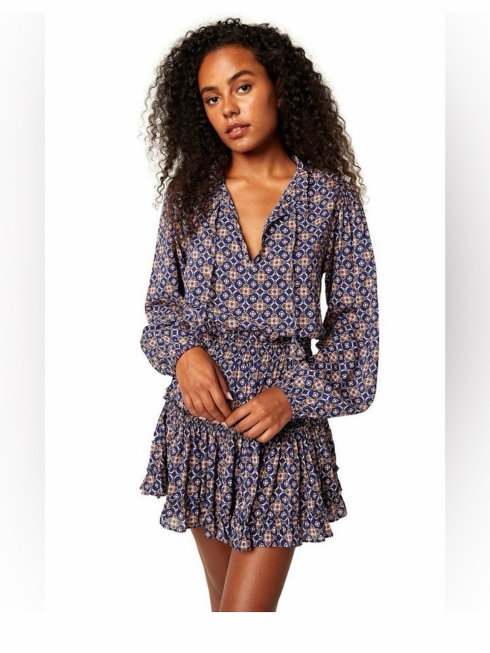 MISA Los Angeles Lorena Printed Navy Blue Long-Sleeve Mini Dress